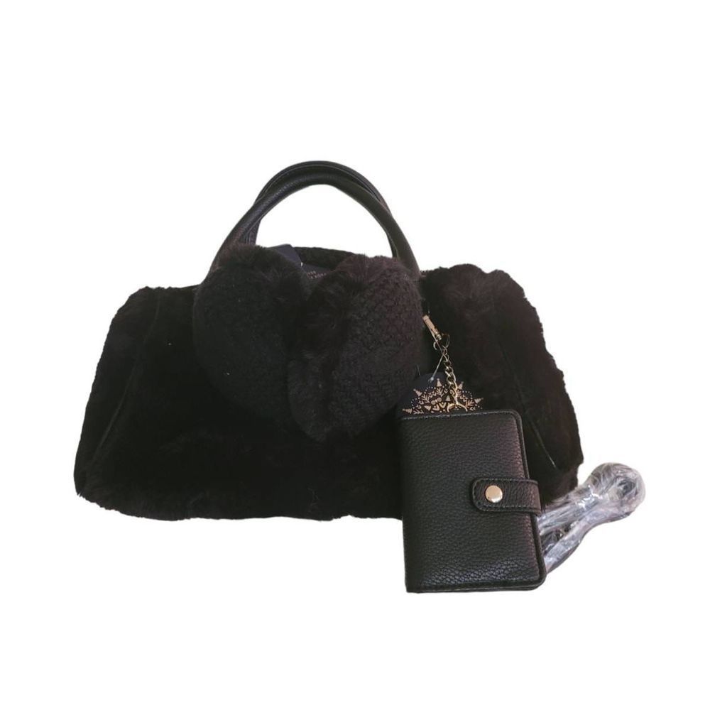 Rachel Roy Black Faux Fur Bag and Earmuffs with Removable Card Case and Strap